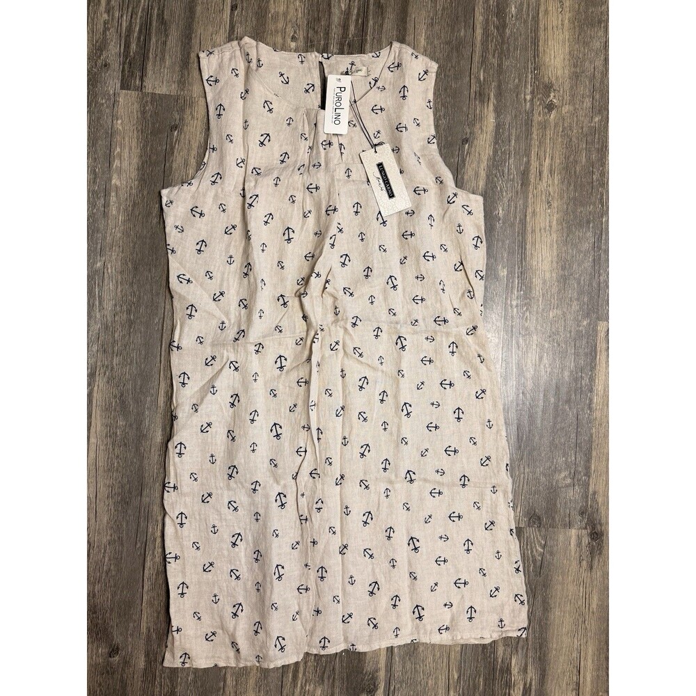 NWT Lungo L’Arno Firenze Linen Dress L Anchor Print Italian Coastal Nautical